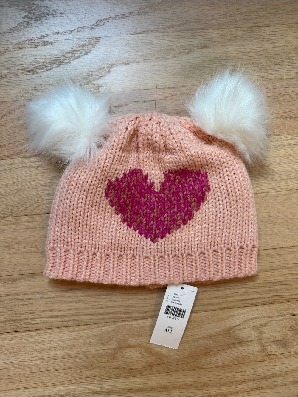 Adorable Maeve Pink Knit Beanie with Magenta Heart and White Pom-Poms